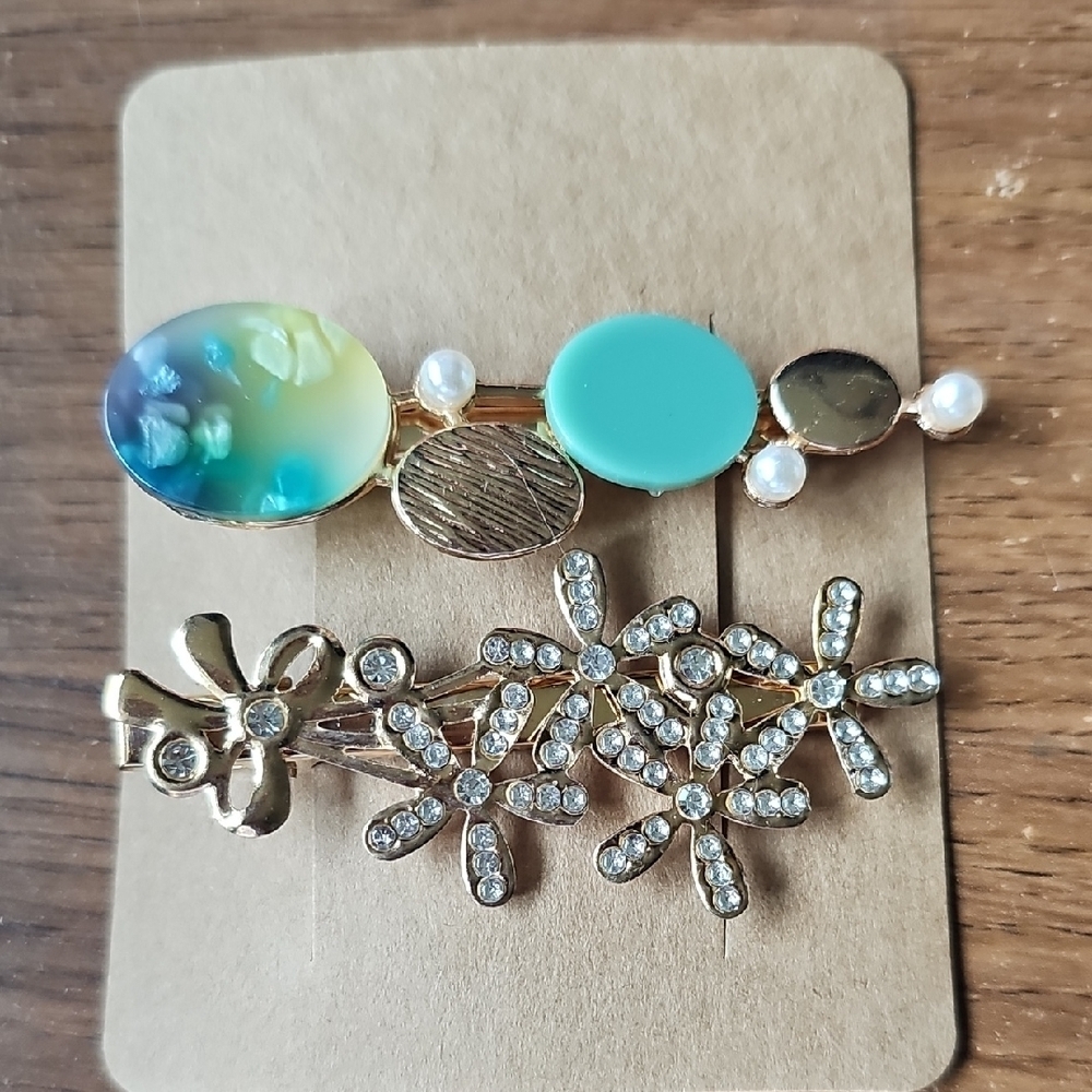 New Gold & Turquoise Hair Clip Set Alligator Clip Barrette Floral